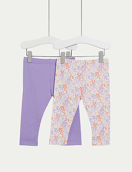 2pk Cotton Rich Plain & Floral Leggings (0-3 Yrs)