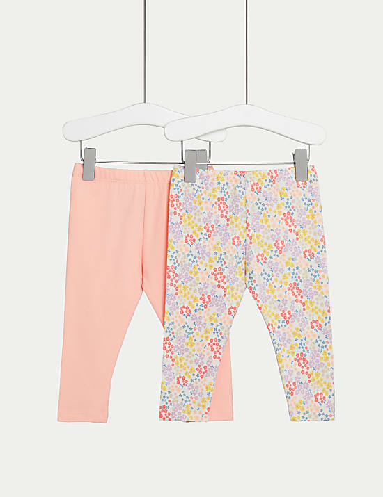 2pk Cotton Rich Floral & Plain Leggings (0-3 Yrs)
