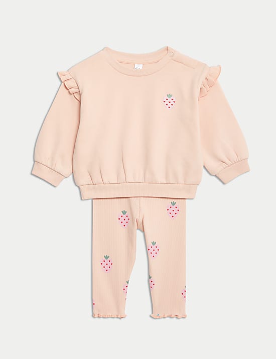 2 potong Pakaian Bahan Katun Motif Stroberi (0-3 Thn)