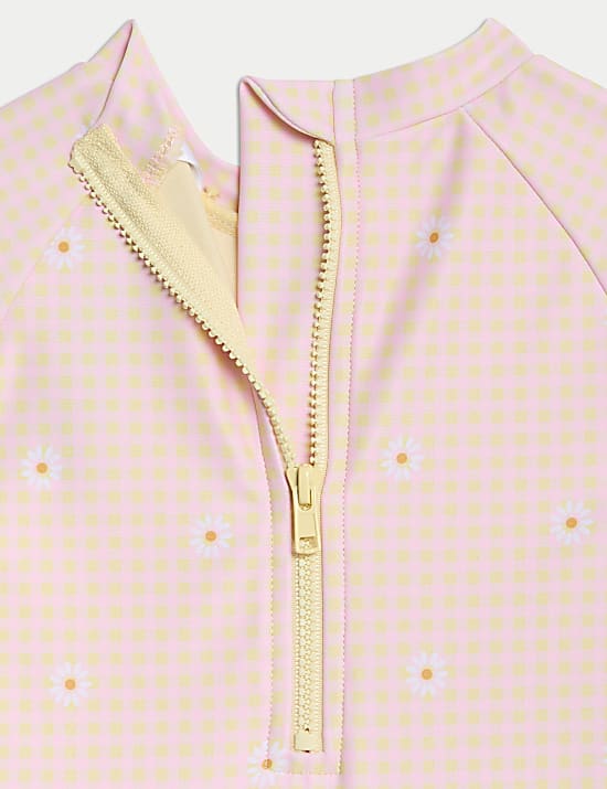 Gingham Floral Frill Long Sleeve Swimsuit (0-3 Yrs)