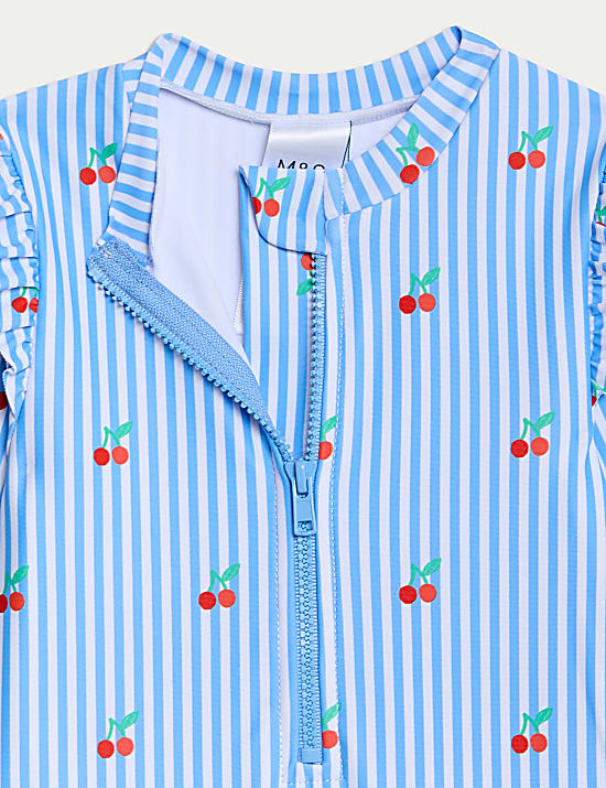 Cherry Stripe Frill Long Sleeve Swimsuit (0-3 Yrs)