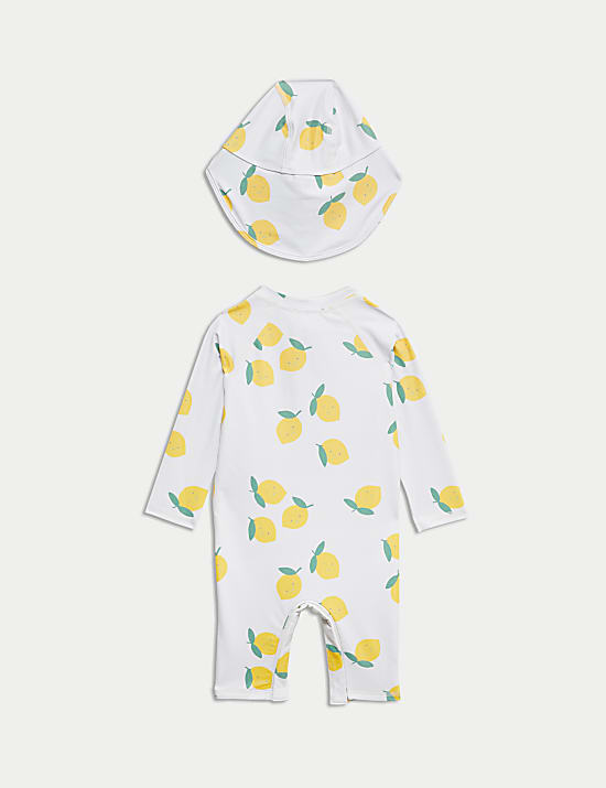 2pc Sunsafe Lemon Print Swimsuit & Hat Set (0-3 Yrs)