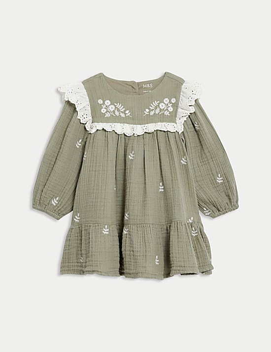 2 Potong Set Gaun Katun Murni Motif Bunga (0-3 Thn)