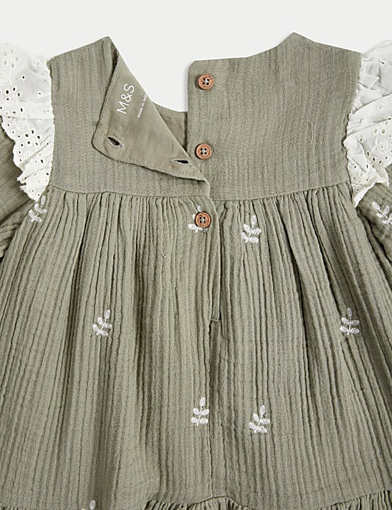 2 Potong Set Gaun Katun Murni Motif Bunga (0-3 Thn)