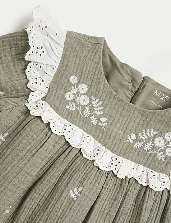 2 Potong Set Gaun Katun Murni Motif Bunga (0-3 Thn)