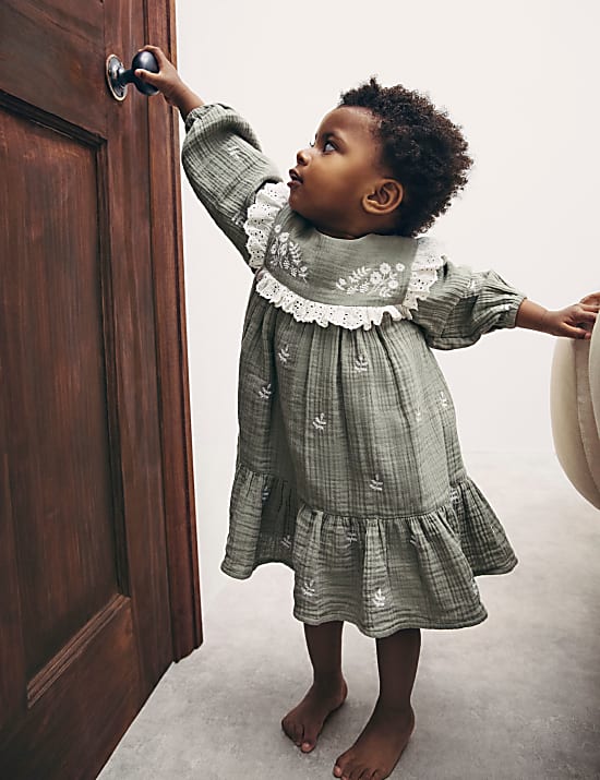 2 Potong Set Gaun Katun Murni Motif Bunga (0-3 Thn)