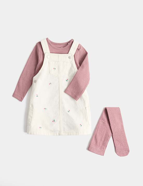2pk Cotton Rich Embroidered Pinafore & Tights