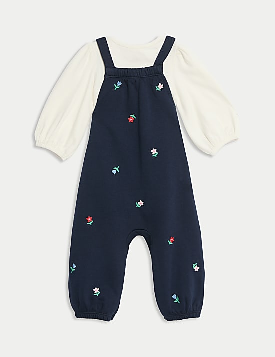 Ensemble 2 pièces en coton avec salopette à motif fleuri (jusqu’au 3 ans)