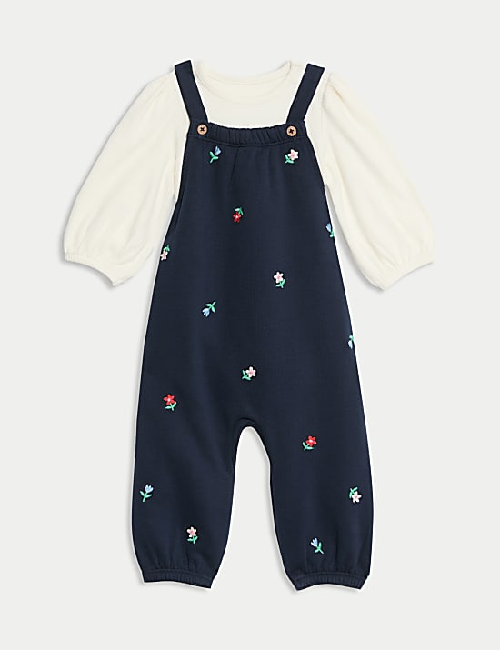 Ensemble 2 pièces en coton avec salopette à motif fleuri (jusqu’au 3 ans)
