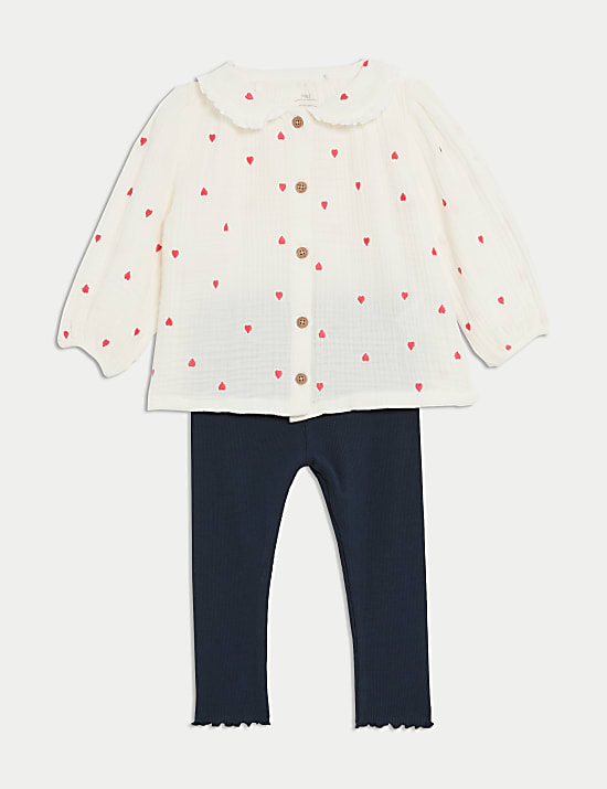 2pc Cotton Rich Heart Embroidered Outfit (0-3 Yrs)