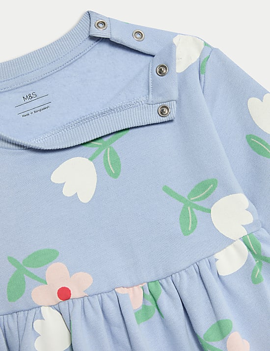 Katoenrijke sweaterjurk met bloemmotief (0-3 jaar)