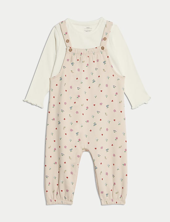 2pc Cotton Rich Jersey Ditsy Dungarees Outfit (0-3 Yrs)