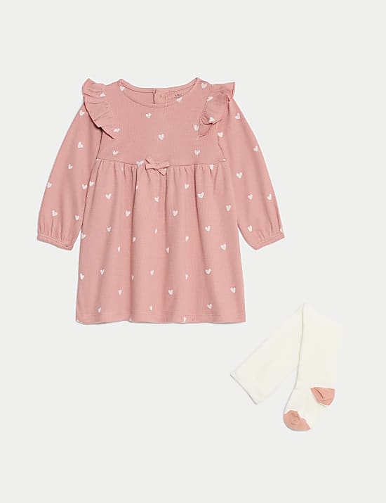 Cotton Rich Patterned Dress with Tights (0-3 Yrs)