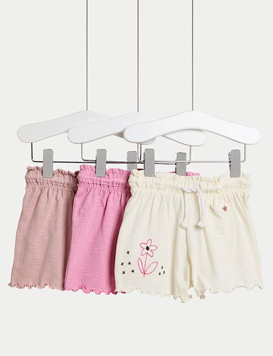 3pk Pure Cotton Jersey Floral Embroidery Shorts (0 Mths-3 Yrs)