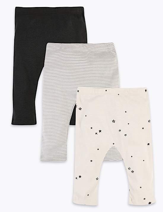 3 Pack Cotton Striped & Star Print Leggings