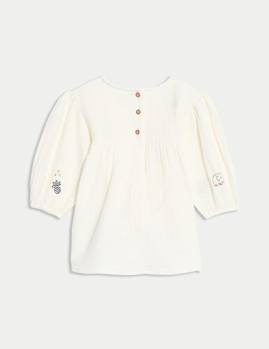 Pure Cotton Embroidered Puff Sleeve Dress (0-6 Yrs)