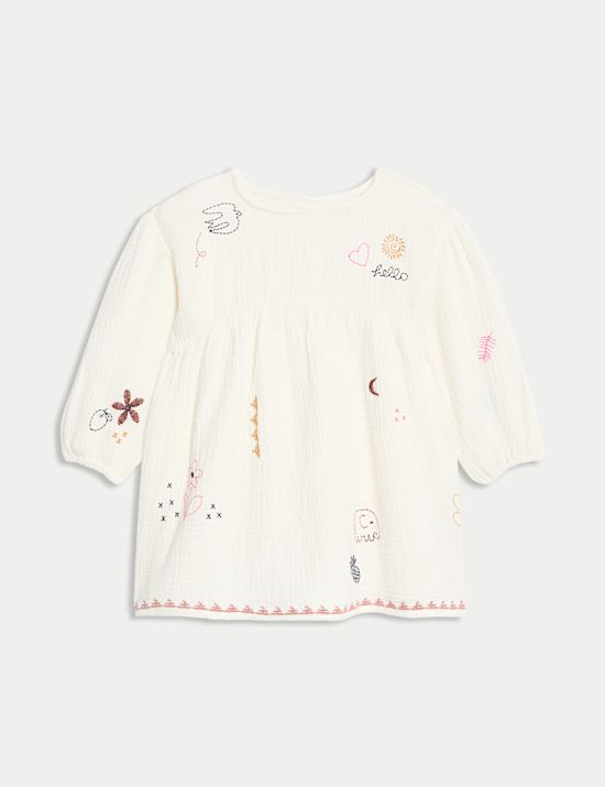Pure Cotton Embroidered Puff Sleeve Dress (0-6 Yrs)