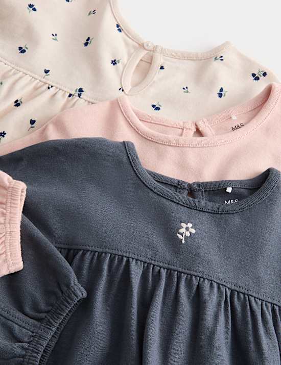 3pk Pure Cotton Ditsy Floral & Plain Tops (0-3 Yrs)