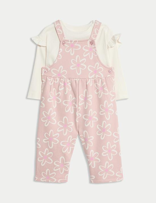 Ensemble 2 pièces en coton avec salopette à motif fleuri (jusqu’au 3 ans)