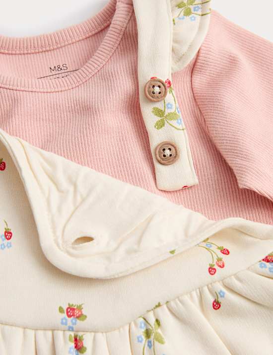 2pc Cotton Strawberry Ditsy Dungarees Outfit (0-3 Yrs)