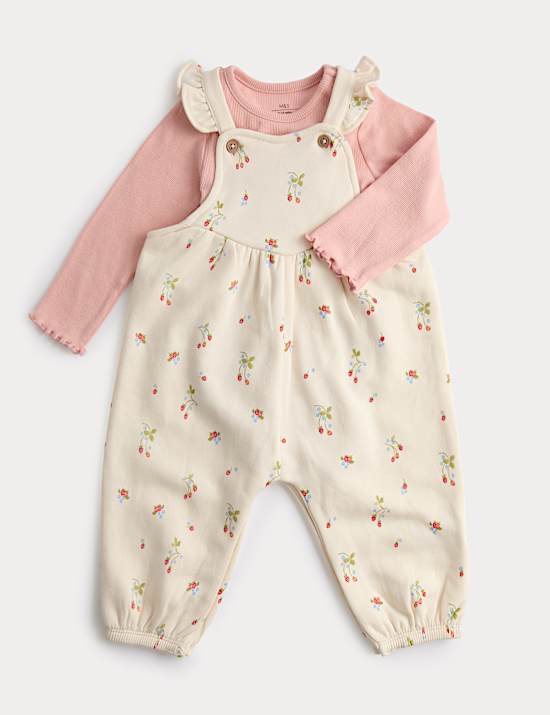 2pc Cotton Strawberry Ditsy Dungarees Outfit (0-3 Yrs)