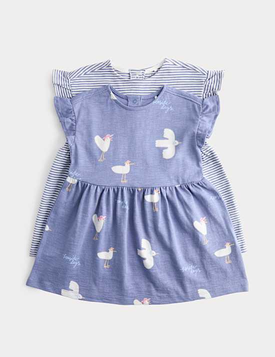 Pack de 2 vestidos 100 % algod&oacute;n con rayas y p&aacute;jaros (0-3 a&ntilde;os)