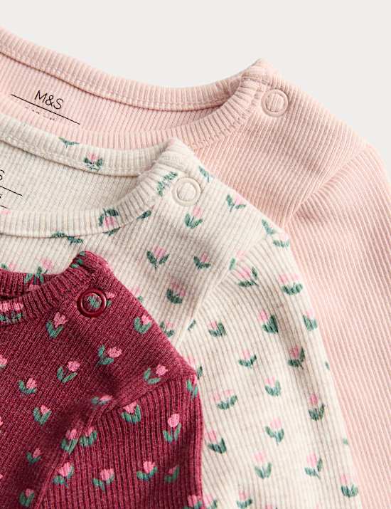 3pk Cotton Rich Floral Ribbed Long Sleeve Tops (0-6 Yrs)