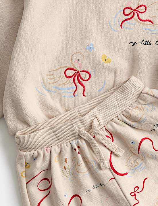 2-delige katoenrijke outfit met top met zwanenmotief en broek (0-3 jaar)