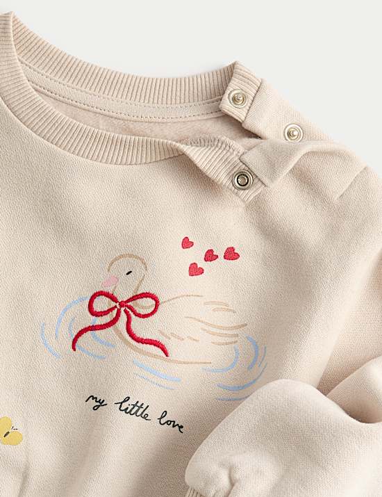 2-delige katoenrijke outfit met top met zwanenmotief en broek (0-3 jaar)