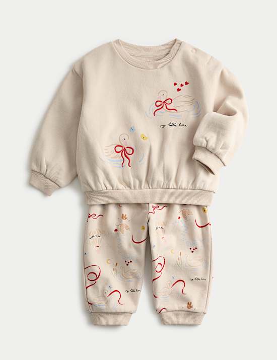 2-delige katoenrijke outfit met top met zwanenmotief en broek (0-3 jaar)