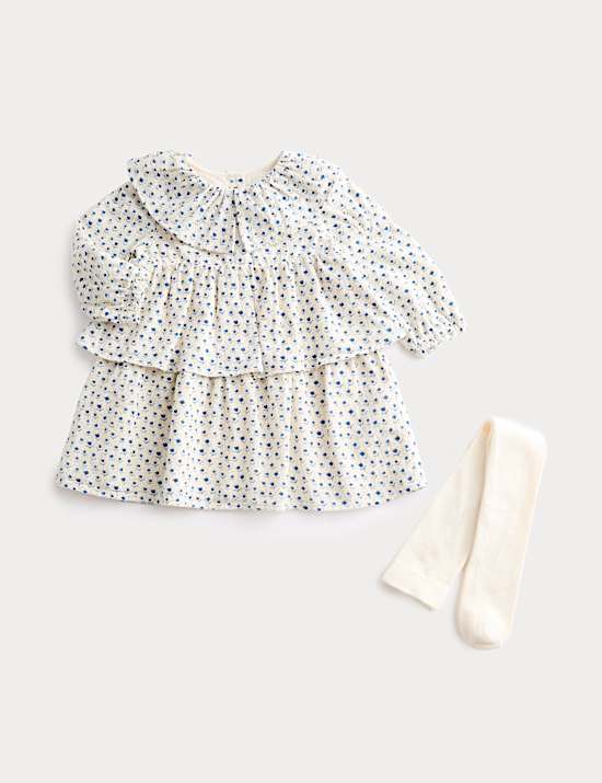 2 Piece Cotton Rich Ditsy Dress with Tights (0-6 Yrs)