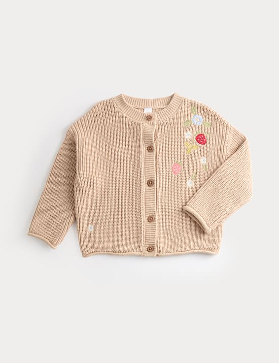 Cardigan 100 % coton brod&eacute; fraise (jusqu&rsquo;au 3 ans)