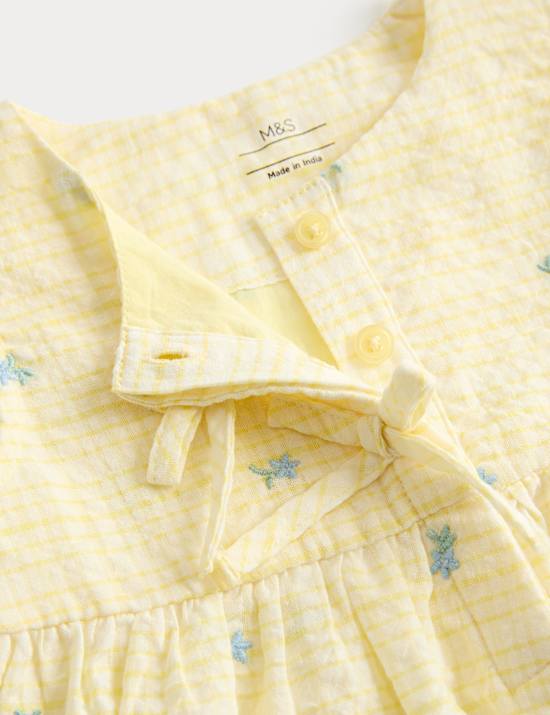 Pure Cotton Gingham Floral Dress with Bows (0-5 Yrs)