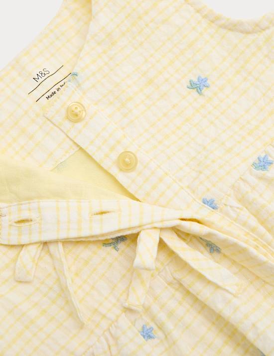 Pure Cotton Gingham Floral Dress with Bows (0-5 Yrs)
