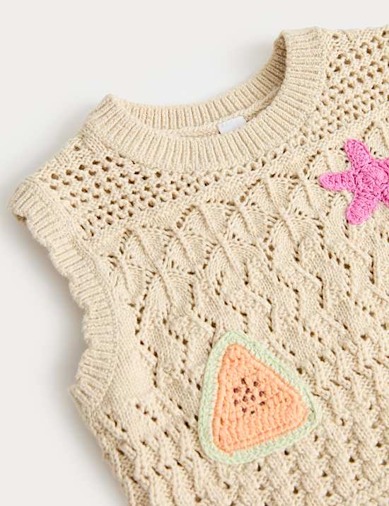 Ensemble 2 pi&egrave;ces 100 % coton &agrave; motif coquillage en crochet (jusqu&rsquo;au 5 ans)