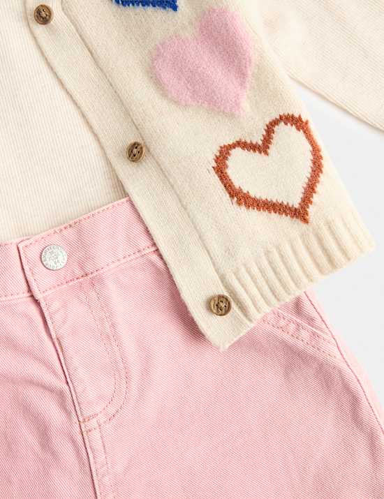 3 Piece Cotton Rich Heart Knitted Vest and Jeans Outfit (0 Mths-5 Yrs)