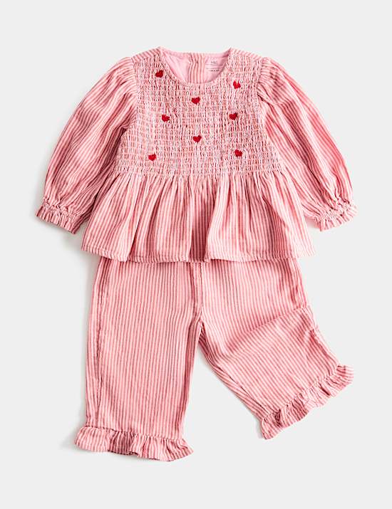 Ensemble 2 pi&egrave;ces 100 % coton &agrave; rayure et c&oelig;urs (jusqu&rsquo;au 5 ans)