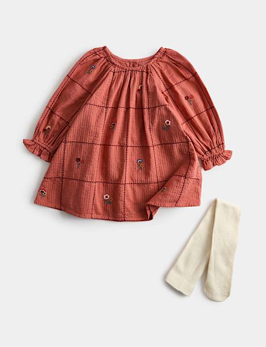 Pure Cotton Embroidered Dress with Tights (0-5 Yrs)