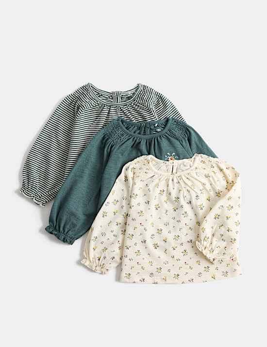 3 Pack Pure Cotton Floral Long Sleeve Tops (0-5 Yrs)