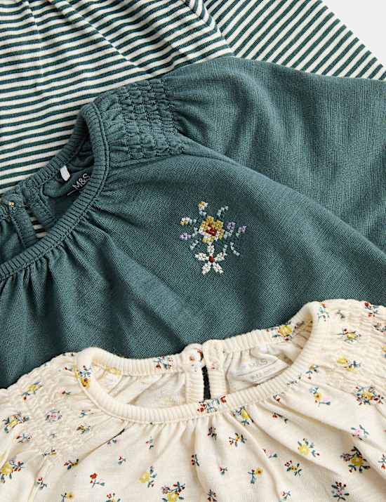 3 Pack Pure Cotton Floral Long Sleeve Tops (0-5 Yrs)