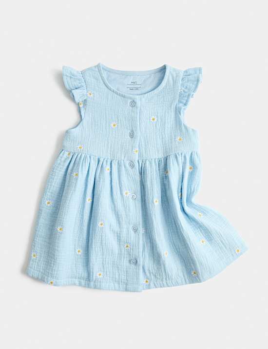 Pure Cotton Embroidered Button Up Dress (0-3 Yrs)