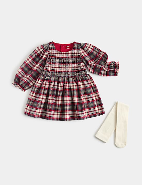 2pk Pure Cotton Checked Dress with Tights