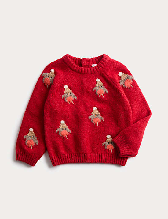 Pull en maille de coton mélangé à motif rouge-gorge (jusqu’au 3 ans)