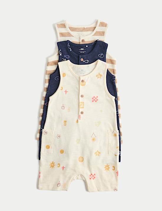 3 Pack Pure Cotton Patterned Rompers (0-3 Yrs)