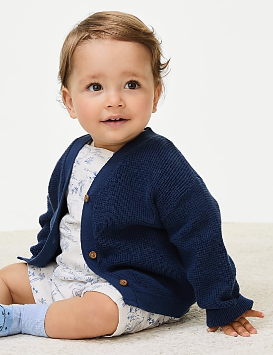 Pure Cotton Knitted Textured Cardigan 0 3 Yrs NAVY Cardigans M S ES