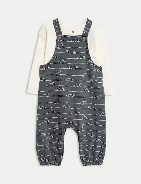 Ensemble 2 salopettes en coton jersey à motif dinosaure (jusqu’au 3 ans)