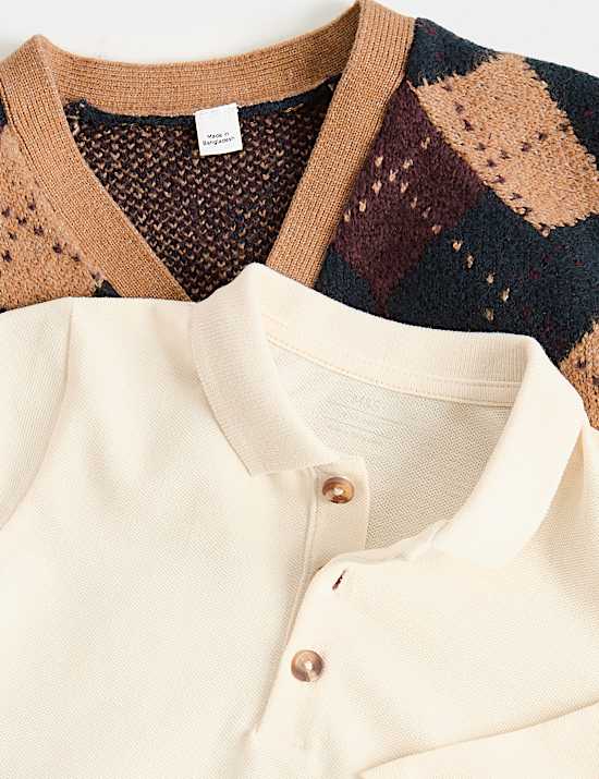 Cotton Argyle Cardigan, Shirt and Trouser Outfit (2-7 Yrs)