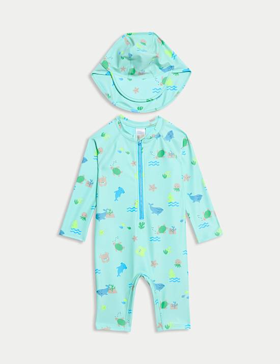 Conjunto de 2 piezas de gorro y traje de baño con diseño de vida marina (0-3&nbsp;años)