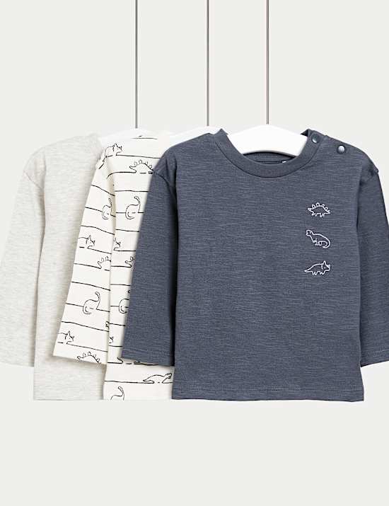 Lot de 3 t-shirts 100 % coton à manches longues et motif dinosaure (jusqu’au 3 ans)