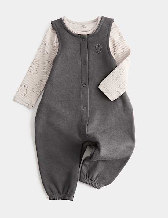 Ensemble 2 pi&egrave;ces salopette en jersey de coton &agrave; motif ours (jusqu&rsquo;au 3 ans)